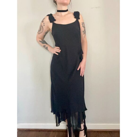 Vtg 90s Whimsygoth Cocktail Dress Fairycore Goth Black Roses Beading Size M - Picture 3 of 10